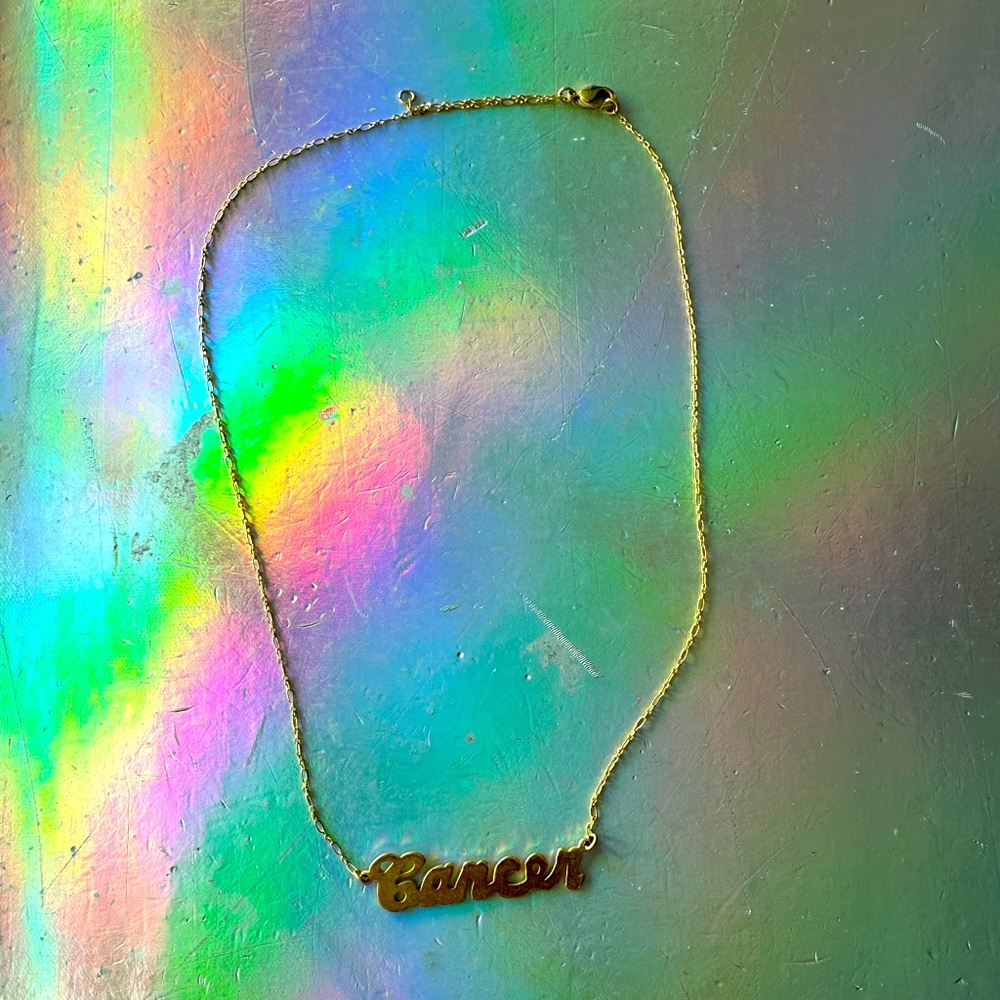 Gold Plated 7-Inch Cancer Zodiac Script Nameplate Necklace
